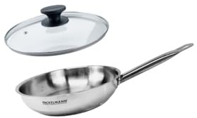 Fackelmann 9437750 Set 1 padella da 20 cm in acciaio inox 18-8 e coperchio in vetro Fackelmann Eterna, padella a induzione, padella senza PFAS, manico rivettato, acciaio inox, vetro, plastica, 20 cm