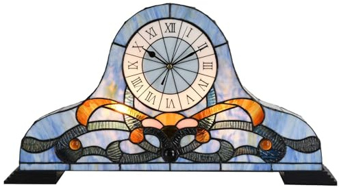 Bieye L50661 Tiffany Style Stained Glass Lamp with Clock - Baroque Decorative Table Light for Bedside, Living Room, Office, Blue Night Light with Quartz Movement