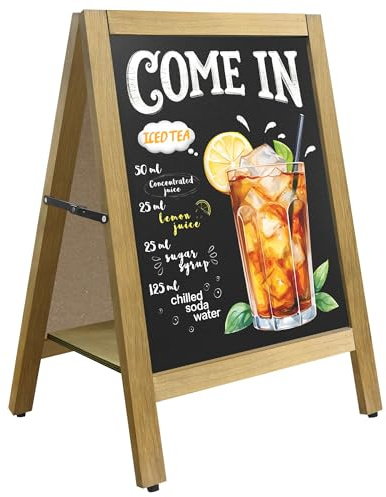 VAIIGO Pizarra Caballete 43×65 cm Magnética Doble Cara con Estante Central – Pizarra Negra de Tiza Plegable con Marco de Madera para Restaurante, Bar, Cafetería, Tienda, Interior y Exterior, Marrón