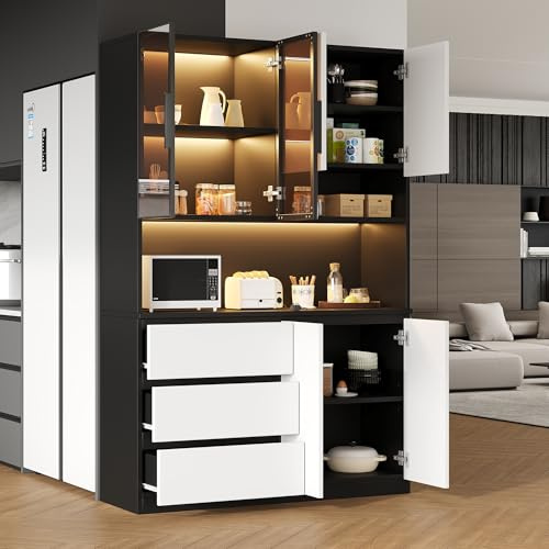 Dolamaní Armarios de cocina 120,5 x 40 x 180 cm para cocina con iluminación LED, armario buffet armarios de cocina con 3 cajones, 6 puertas y encimeras, estantes ajustables blanco + negro (B)