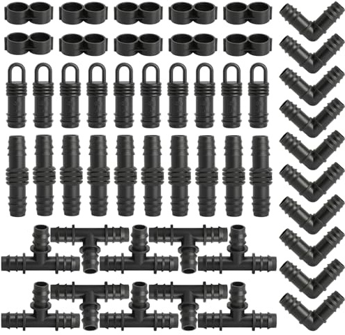 50 Piezas Juego de Accesorios de Irrigación para Tubos 16mm, Conectores de Púas de Manguera para Sistemas de Riego, Tees, Acoplamientos, Codos, Tapones de Tapa Tapón