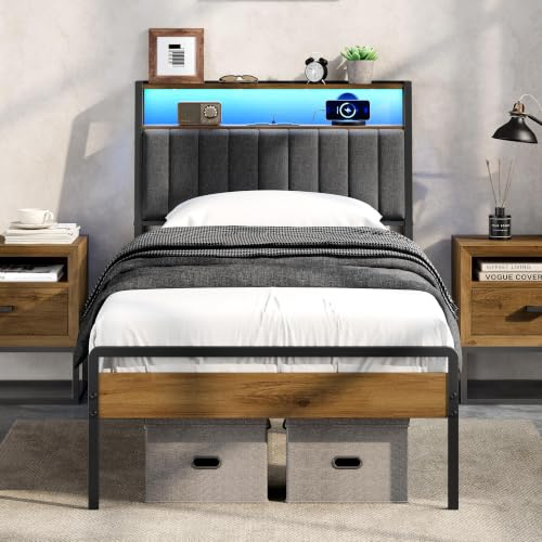 Yaheetech Single Bed Frame with Upholstered Storage Headboard，90 x 190 Metal Wooden Bed with LED Lights and Charging Station, Industrial, Easy Assembly, Single