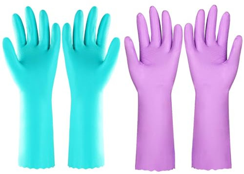 Elgood 2 Paar Wiederverwendbare Haushaltshandschuhe, latexfreie, mit Baumwolle gefütterte Putzhandschuhe, Gummihandschuhe für Küche, Geschirrspülen, Reinigen (Lila + Blau Größe M)
