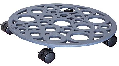 WAGNER Pflanzenroller BUBBLE Ø 38 x 6,5 cm I Blumenroller für Außenbereich + Innenbereich I Kübelroller aus Gusseisen, schiefergrau mit 2 Feststellern I Tragkraft 50 kg - 20092001