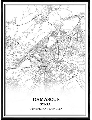 Damaskus Syrien karta väggkonst canvas tryck affisch konstverk ej inramad modern svart och vit karta souvenir gåva heminredning -28 x 35 cm