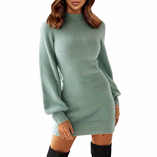 EXLURA Women's 2026 Mock Neck Ribbed Long Sleeve Bodycon Pullover Cute Mini Sweater Dress Vacation Outfits Winter Clothes Green
