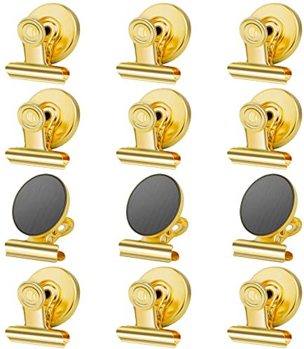 Grtard 12 Pack Gold Magnetic Clips, Fridge Magnets Refrigerator Magnets, Strong Magnetic Clips Heavy Duty, Whiteboard Magnet Clip for Home, Kitchen, Office, School, Locker Decor, Photo Display