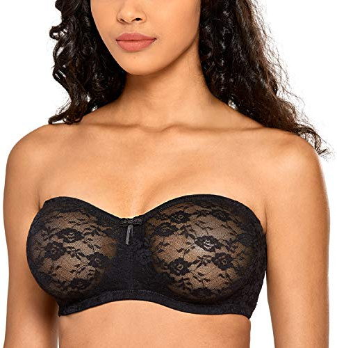 DOBREVA Women's Strapless Bras See Through Sheer Lace Non Padded Underwired Multiway Bra Black 36E