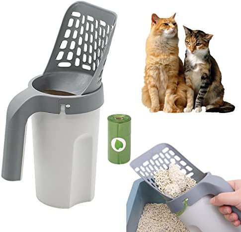 KINLYBO Katzenstreu Schaufel mit Taschen, Katzenstreu Schaufel mit abnehmbarer Kot-Siebschaufel mit Abfallbehälter, 120 Stück Katzentoilette