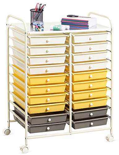 GiantexUK 20 Drawers Storage Trolley (Yellow) | Multipurpose Mobile Rolling Cart with Lockable Wheels, Rolling Utility Shelving Organizer Unit for Home Office Salon