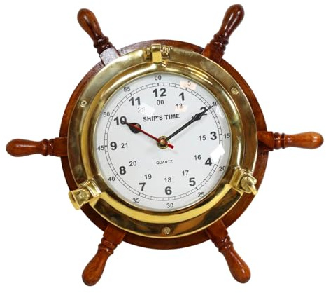 Ebros Gift Nautical Vintage Rustic Wood and Brass 6 Spokes Ship Steering Helm Boat Wheel Wall Clock Decor 3D Art Decorative Old World Pirate Captain Rudder