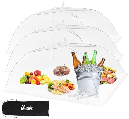ilauke Cloche Alimentaire Pliable, 3 Pièces Blanc Cloche a Gateau Cloche Alimentaire Anti Insectes 100 x 60 cm pour l'Extérieur, Maison, Barbecues, Les Voyages en Camping, Pique-Niques