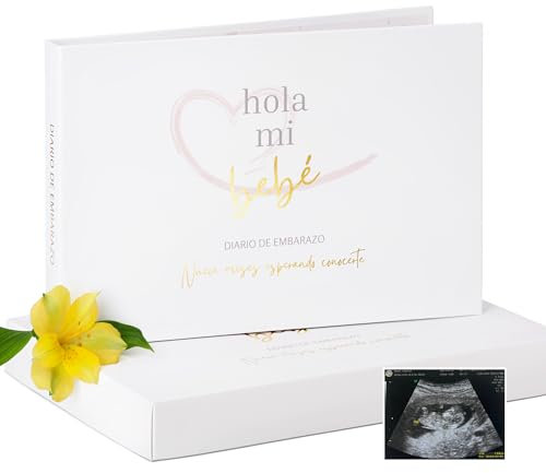 Bee Petit - Hola Mi Bebé - Diario Embarazo, Libro Bebe: Regalos Embarazadas Originales - Stickers Consejos Registra Recuerdos Embarazo Primer Año - Tapa Dura Wire-o Detalles en Dorado Caja Regalo