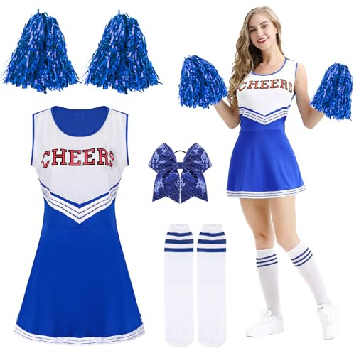 Kakamanon Cheerleader Costume Women, Kids Girls Cheerleader Costume, Fancy Cheerlead-er Outfit with Cheer-leader Pom Poms Hairband and Socks, Cheer-leader Dress for Halloween Women Party