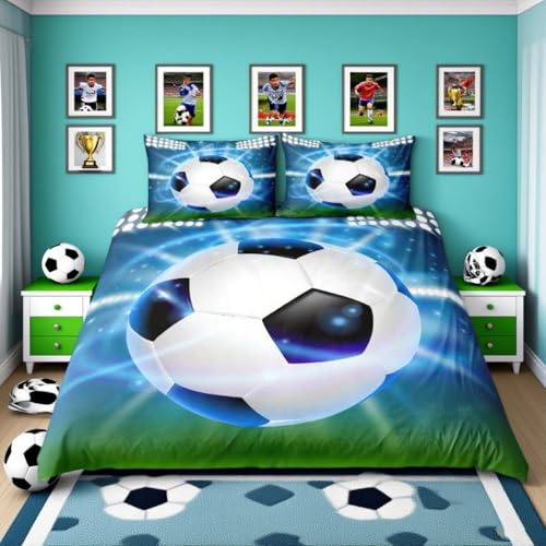 Homemissing Set di biancheria da letto per ragazzi a tema calcio, copripiumino matrimoniale per bambini e ragazzi, motivo palla da calcio 3D, copriletto, decorazione per camera da letto, 3 pezzi