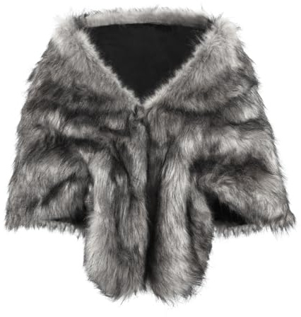 FakeFace Women Faux Fur Shawl Bridal Wedding Fur Stole Cape 1920s Winter Cloak Warm Scarf Shoulder Wrap for Evening Dresses (White Black)