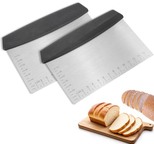 JJUNW 2 Stück Teigschaber Edelstahl, Mehrzweck Teigschneider mit Messskala Küchenschneider Teigkarte Rutschfester Griff Teigspachtel Schaber für Kuchen Backen Cake Pizza Torte Dough (16 x 11cm)
