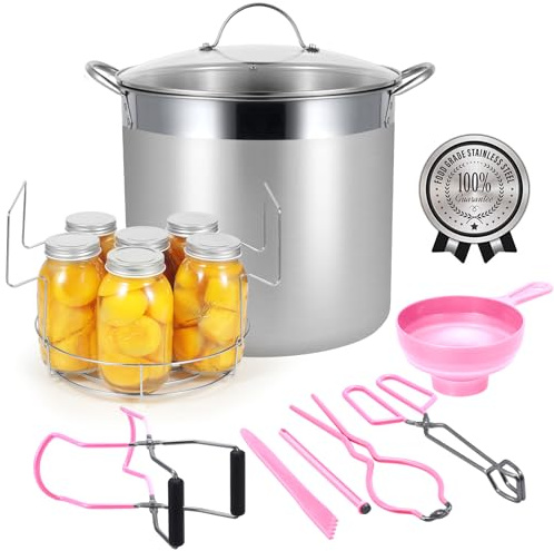 HOMKULA Stainless Steel Canning Pot with Rack and Lid, Large Water Bath Canner, Full Home Canning Supplies Starter Kit, Compatible with Induction and Glass Top Stoves (Pink)