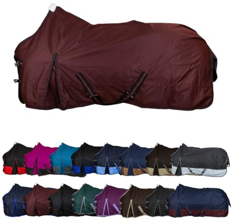 RL24 - Weidedecke 600D Basicline – als Regendecke & Übergangsdecke – Wind- & wasserdichte Outdoordecke mit Innenfutter & Kreuzbegurtung – Pferdedecke in Weinrot – 145cm (Polarfleecefutter)