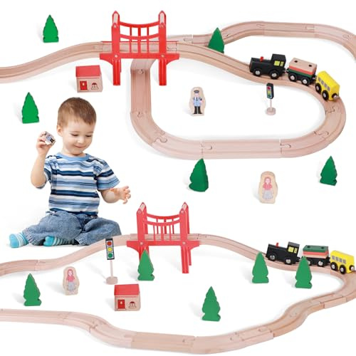 Wooden Train Track Set, 39Pcs Toddler Railway Bridge Toy Train Set with Magnetic Trains, Birthday Gift Ideas for Kids Boys and Girls Compatible with All Major Brands