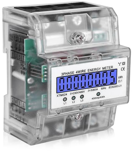 Compteur électrique triphasé à 4 fils - 230/400 V - 5 à 100 Ah - Avec rail DIN - Compteur électrique numérique LCD - Compteur triphasé - Compteur électrique numérique - Compteur triphasé - Pour