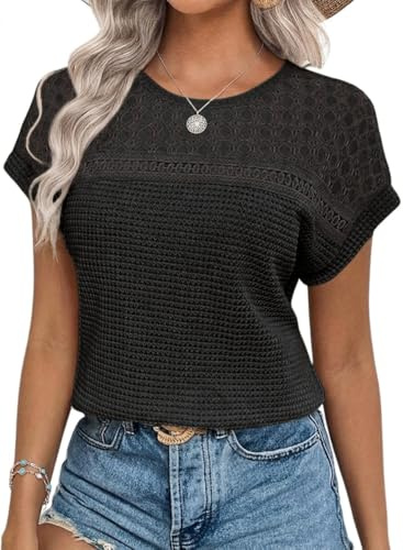 Chicrise Tshirt Femme Eté Dentelle Manches Courtes Blouse Col Rond Casual Hauts Elégante Crochet
