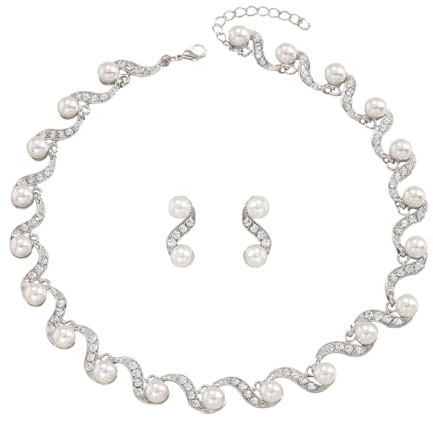 Hanaoops Parure Gioielli per Donna Collana a Girocollo e Orecchini Set di Perle Set di Gioielli da Sposa in Cristallo con Strass Argentati Bigiotteria Formale per Donne e Spose (Argento)