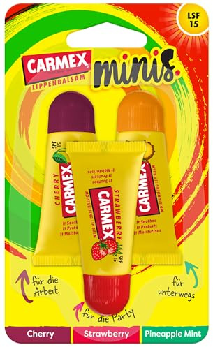 Carmex Minis - Lippenpflege für trockene und spröde Lippen, Lippenbalsam mit Vaseline, Vitamin E, Bienenwachs und Sonnenschutz, intensive Feuchtigkeitspflege, im praktischen Mini Format - (3 x 5g)