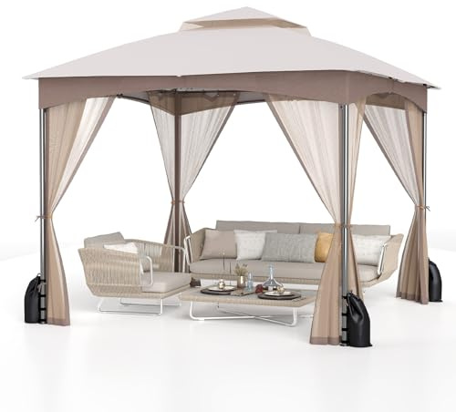 COSTWAY Paviljong 3 x 3 m, trädgårdspaviljong med 4 sandsäckar och 4 myggnät och dubbeltak, vattentätt och stabilt och vinterbeständigt, trädgårdstält inkl. krok, festtält för terrass, trädgård (kaki)