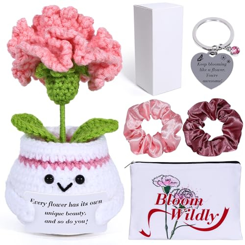 Crochet Carnations Cosmetic bag Keychain sets gifts,emotional support positive flowers,Inspirational Keychain,Positive birthday thanks gifts for her women teacher friends family nurse yourself