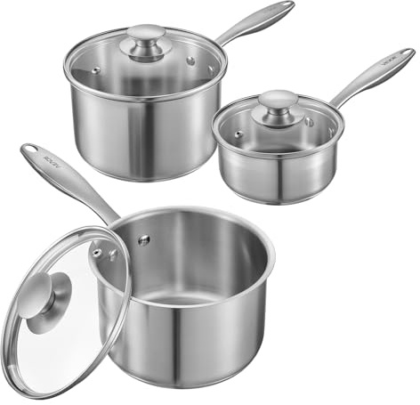 VEVOR Set di Casseruola da Cucina, Capacità 0,95L+1,89L+2,84L con Coperchio in Vetro con Manico Ergonomico, Pentola per Zuppa Latte Verdure in Acciaio Inox, Casseruola da Cucina