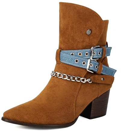 Bviennic Donna Stivaletti Western Tacco Medio Casuale Appuntito Senza Chiusura Slouch 2304 Marrone Numero 41 EU/43Cn