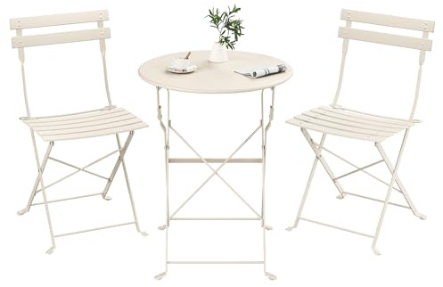 SONGMICS Set da Giardino da Esterno, 3 Pezzi, 2 Sedie, 1 Tavolo, Pieghevole, Salottino da Esterno, Acciaio, Resistente alle Intemperie, per Balcone, Terrazza, Beige Cappuccino GGF036LZ01