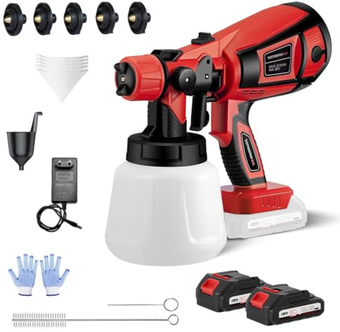 Pistola a Spruzzo per Verniciare, 21V Senza Fili Verniciatore Spruzzo Con 2x 5000 mAh Batterie, 5 Ugelli E 3 Modalità di Spruzzo, Contenitore da 1000ML per Pittura di Case, Pareti, Recinzioni