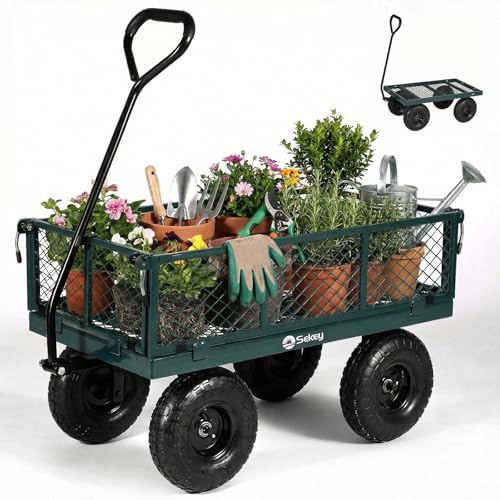 Sekey Heavy Duty Garden Trolley on Wheels, 350kg/100L Large Metal Utility Cart, 3-in-1 Pull Wagon with Removable Sides & Flatbed, 10 Pneumatic Tyres for Plants, Logs, Camping, Festivals - Green