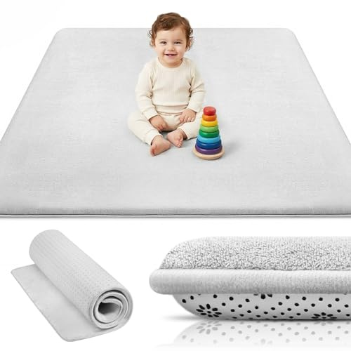 Vicloon Baby Play Mat, 3 CM Thickened Kids Play Mats for Floor, 120 x 120 cm Rugs for Living Room, Flannel Play Blanket with Non-Slip Bottom, Machine Washable, for Bedroom, Nursery & Playroom, Grey