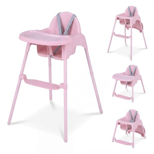 COSTWAY High Chair for Babies and Toddlers, 4 in 1 Convertible Baby Highchair with 2 Heights, Removable Double Tray, 5-Point Harness & Reversible Footrest, Infant Feeding Chair for 6-36 Months (Pink)