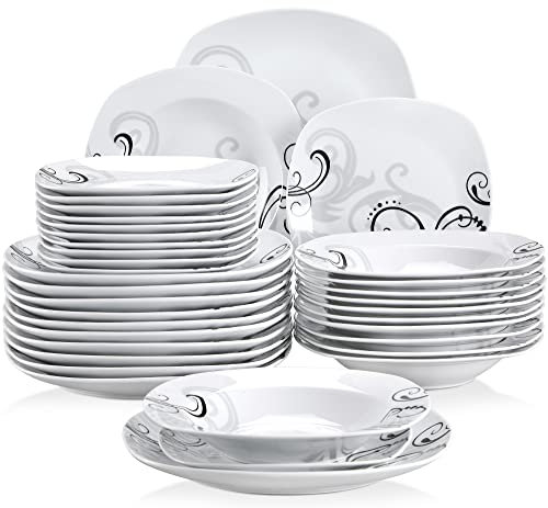 VEWEET ZOEY Service de Table Porcelaine pour 12 Personnes - 36 Pièces (12 Assiettes Plates 24,7cm + 12 Assiettes Creuses 21,6cm + 12 Assiettes à Dessert 19cm) - Vaisselle Cadeau Fête
