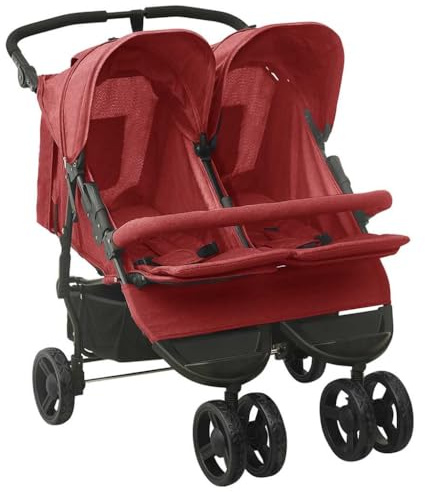 vidaXL Carrito para Gemelos Cochecito Sillita Gemelar Silla de Paseo Canasta Niños Dosel Plegable Reposapiés Ajustable de Acero Rojo