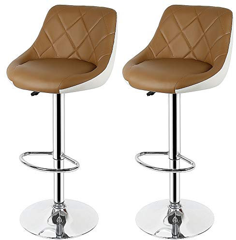 THINFAR 2er-Set Barhocker mit gepolstertem Ledersitz, höhenverstellbar mit Kissen, Chromsockel(D, Kamel+Weiß/2 Stück)