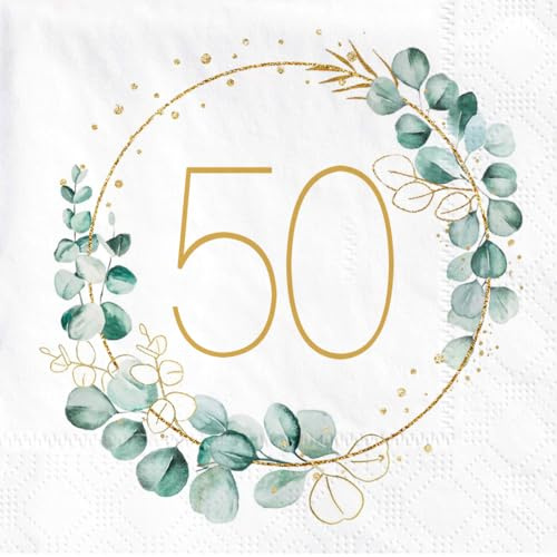 50. Geburtstag Deko Servietten, 40 Stück Servietten Eukalyptus Geburtstags Gold Grün, Papierservietten für 50 Geburtstag Mann Frau Party für die Dekoration