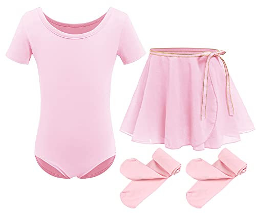 Mädchen Ballettkleidung Kinder Ballettkleid Baumwolle Kurzarm Balletttrikot Tanzbody Ballettanzug Tanzkleid Gymnastik Trikot mit Tütü Chiffon Wickelrock Strumpfhosen Set Tanzkleid Rosa 4-5 Jahre