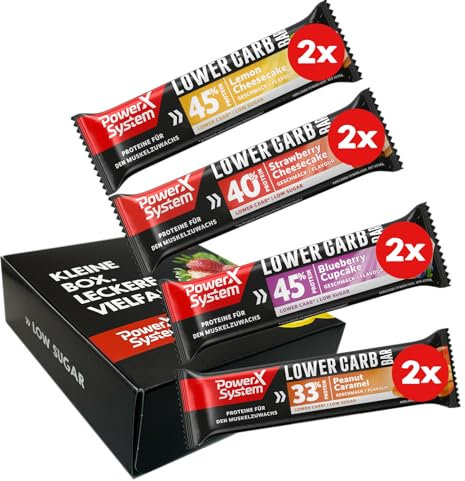 Power System Probier-Set Lower Carb 8 x Protein Riegel Zitrone, Erdbeer, Blaubeere, Peanut Caramel Low Sugar