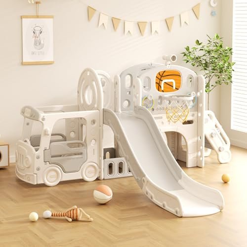 Lnhcrbs Scivolo, Scivolo per Bambini con Scala per Arrampicarsi, Canestro da Basket, Locomotiva, Binocolo, Tromba, Lo Scivolo è Adatto Sia per l'Uso All'Aperto Che Al Chiuso, per 1 Anno e Oltre