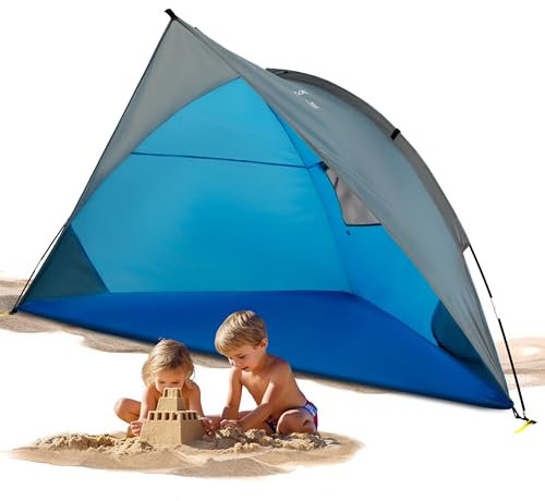 EXPLORER Reise Strandmuschel mit UV Schutz 80+ [240x125x125cm] kleines Packmaß [9x32cm] leicht [1Kg] Strandzelt Sonnenschutz & Windschutz Muschel Reiseformat