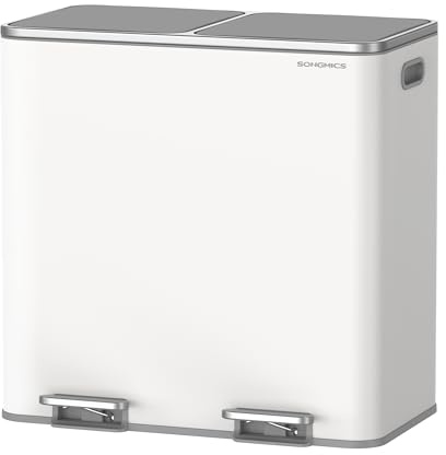 SONGMICS Kitchen Bin, 2 x 40 L Double Pedal Bin, Steel | 15 Liners Included, Inner Buckets, Soft Close for Large Families, Plastic, White, Pary Collection, LTB730W82