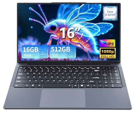 16'' Ordenador Portátil, PC Portatil Core i5 8210Y up 3.6GHz Procesador 16GB RAM 512GB SSD WIN11 Computadora portátil 1920*1200 IPS, Laptop RJ45 USB 3.0 HDMI BT5.0 Teclado Numérico Retroiluminado.