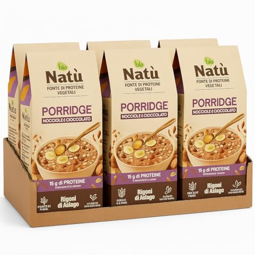 6 Confezioni Porridge o Granola Bio 250g – Nocciole e Cioccolato/Mandorle e Mirtilli Rossi – Fonte di Proteine Vegetali, Ricchi di Fibre (Nocciole e Cioccolato (Porridge))