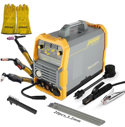 PUWU Plasma Cutter Welder Combo, Gas MIG/Gasless MIG/HF TIG/Stick/CUT 5 in 1 Aluminum Welding Machine with 110V/220V Dual Voltage Multi Process Welder with 20PCS Rods and Gloves