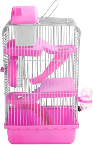 LN COZY CORNER Plastic Hamster Cage 100x50x50cm – 3-Tier Large Hamster Cage with House, Runner, Kettle, Bowl, Slides & Barrier Layers for Hamsters and Small Animals (Pink)